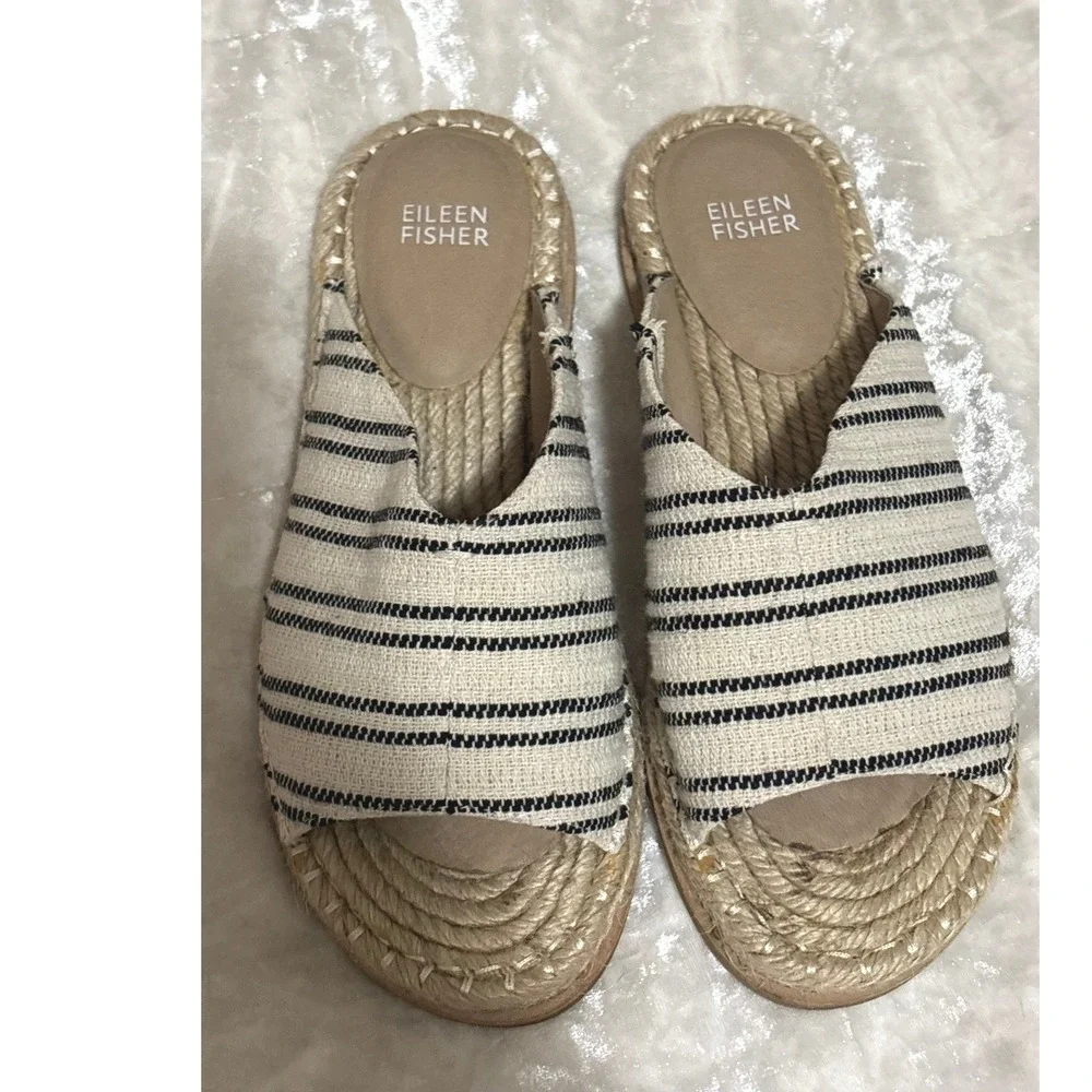 Eileen Fisher Cream Striped Milly Canvas Espadrille Sandals Size 7.5 Bohemian